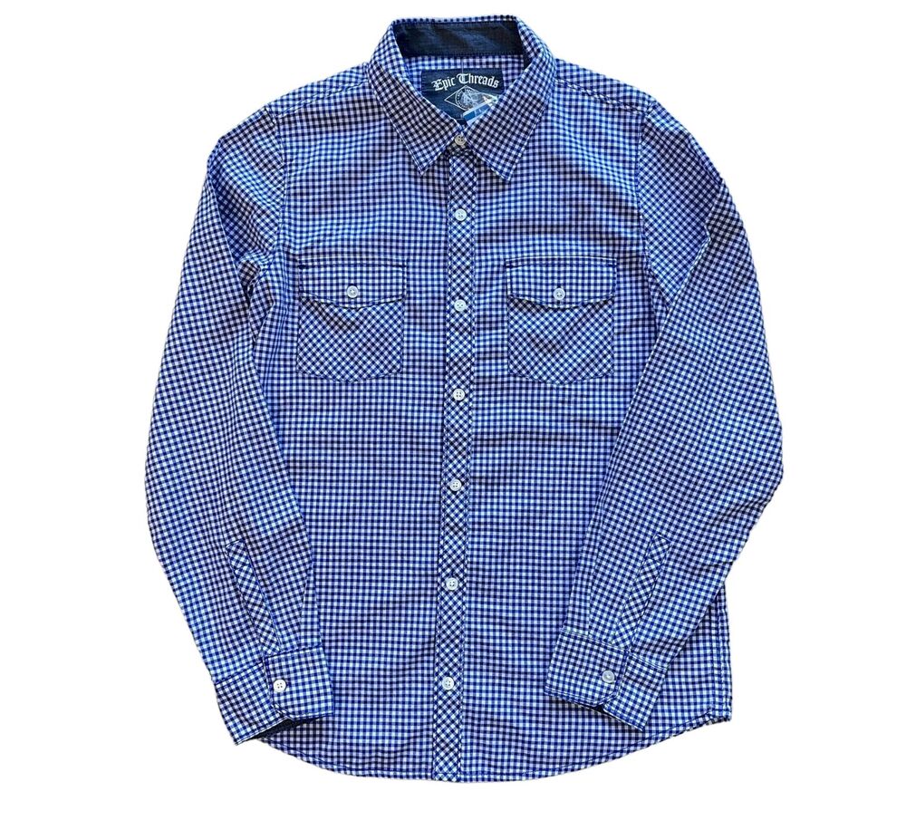 NWT Epic Threads Boys' XL Blue and White Plaid Button Down Shirt